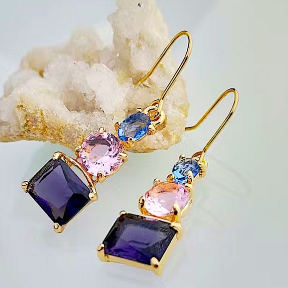 Gold Plated Amethyst Pink Zircon Blue Topaz Dangle Color Block Earrings - Picture 4 of 5